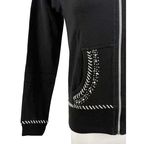 Vtg 90s Black Embroidered Sequin Beaded Zip Up Hoodie | Y2K Skater Grunge Retro - Picture 4 of 16